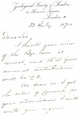Letter from Philip Lutley Sclater of the Zoological Society of London to Brian Houghton Hodgson