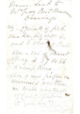Memo sent to Mr Gray at the British Museum regarding drawings, manuscripts and papers