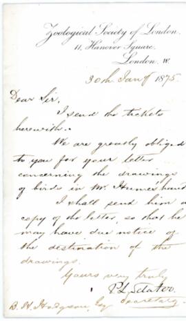 Letter from Philip Lutley Sclater of the Zoological Society of London to Brian Houghton Hodgson